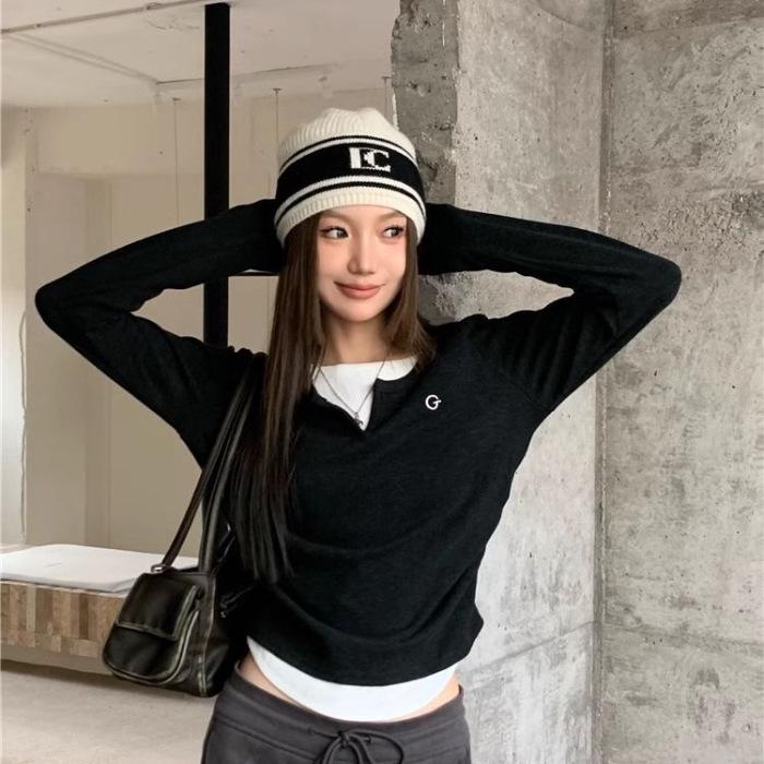 Women s Autumn Pleated Long Sleeve Two-In-One Slim Fit T-shirt Medium чёрный