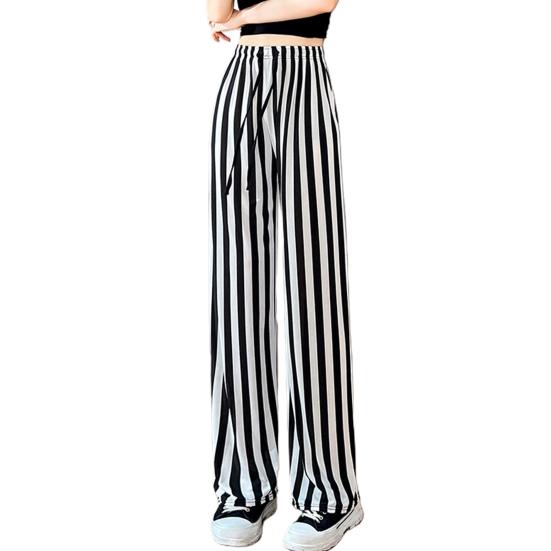 Women Summer Casual Pants Elastic Waist Adjustable Tie Straight Wide Leg Long Trousers Camouflage Striped Print Lounge Pants Streetwear