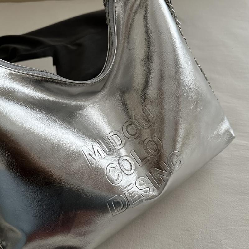 Stylish Silvery Large Capacity Handbag Versatile Crossbody & Shoulder Carry, Durable with Polyester Lining, Zipper Closure