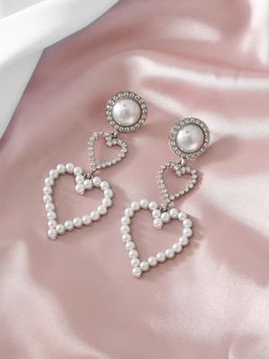 1 Pair Elegant Faux Pearl Heart Dangle Earrings Hollow Heart Tassel Earrings Full Shiny Rhinestones Jewelry