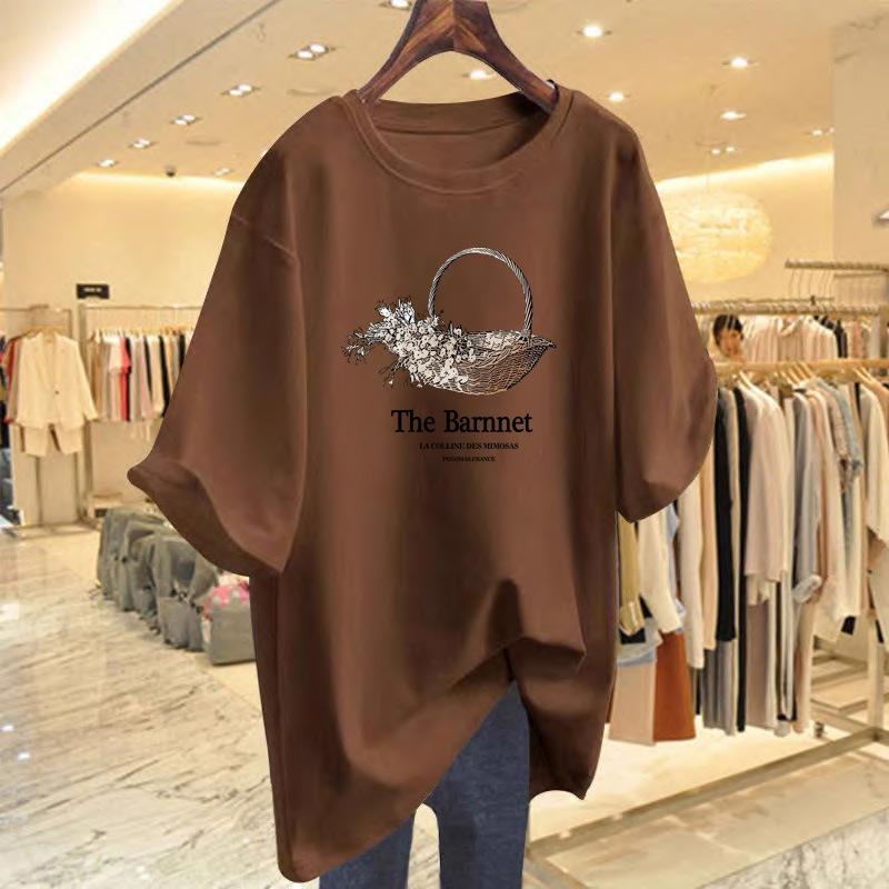 

Korean designer flower basket printing basic round neck loose cotton short-sleeved T-shirt men and women couples tide XXXL