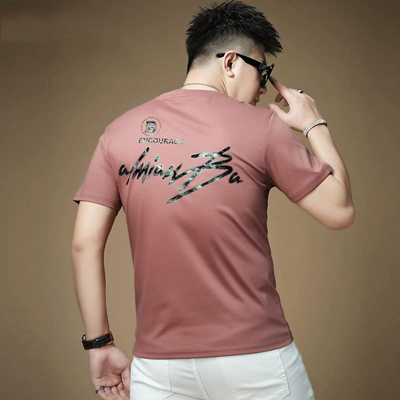 European Style 2025 Summer Light Luxury Mercerized Cotton Rhinestone Printed Short-Sleeve T-Shirt for Men, Thin and Breathable Slim-Fit Top
