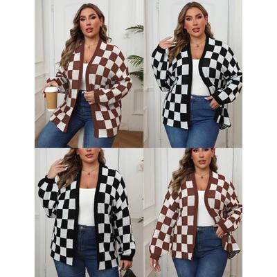 Women's Knitted Cardigan Plus Size Color Block Patchwork Check Loose Casual Sweater Coat