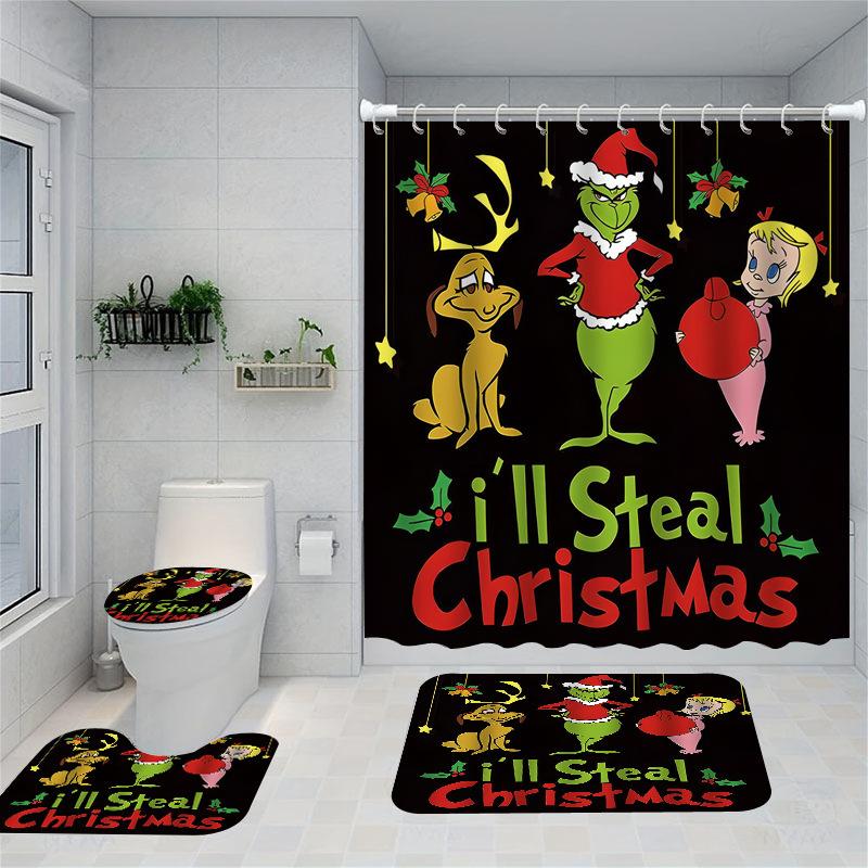 Christmas Series Shower Curtain Digital Printing Bathroom Shower Curtain Four-Piece Polyester Shower Curtain