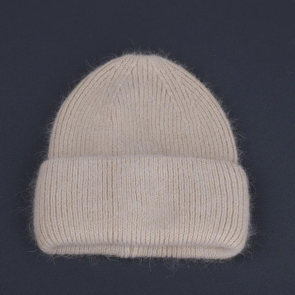 Winter Real Rabbit Fur Knitted Beanies For Women Fashion Solid Warm Cashmere Wool Skullies Beanies Female Fold Thick Hats