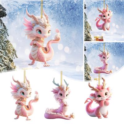 Christmas Tree Ornament Acrylic Pendant with Lanyard Easy To Hang 2D Cartoon Dragon Pendant Car Mirror Decoration