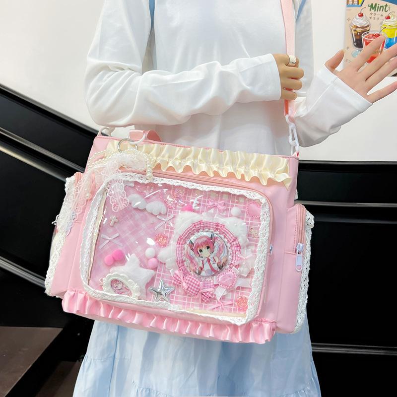 Y2k Itabag Lolita Girl Transparent Pocket Display Handbag Japanese Tote Bag Preppy Style Commuter ShoulderBag Lace Crossbody Bag