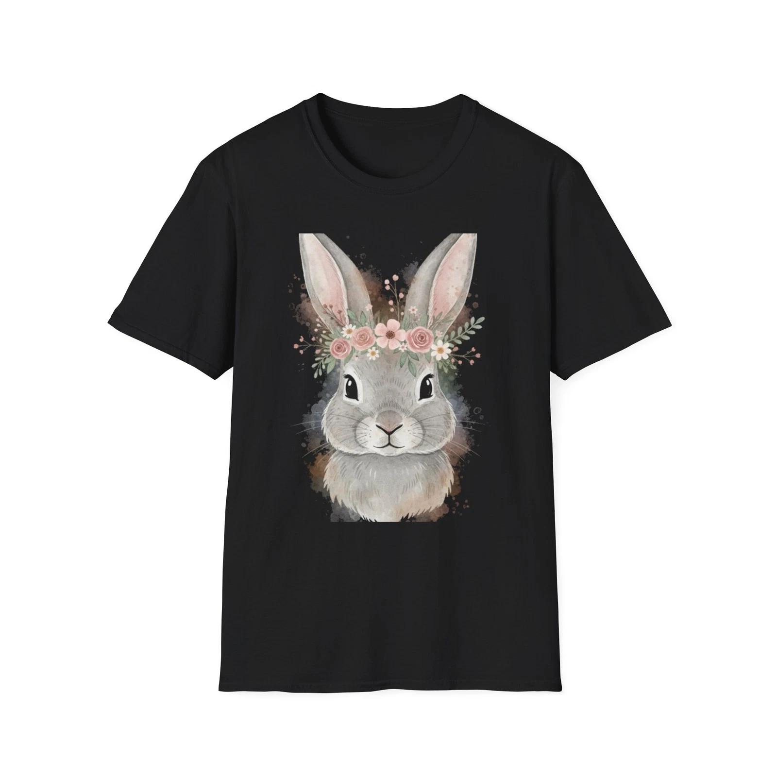

Bunny Floral Watercolor Cute Black Tee Nature Aesthetic Graphic T-Shirt 3XL