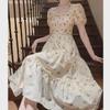 2025 Summer Sweet Floral Pleated Midi Dress - French Gentle Style, Slimming Waist, Mid-Length