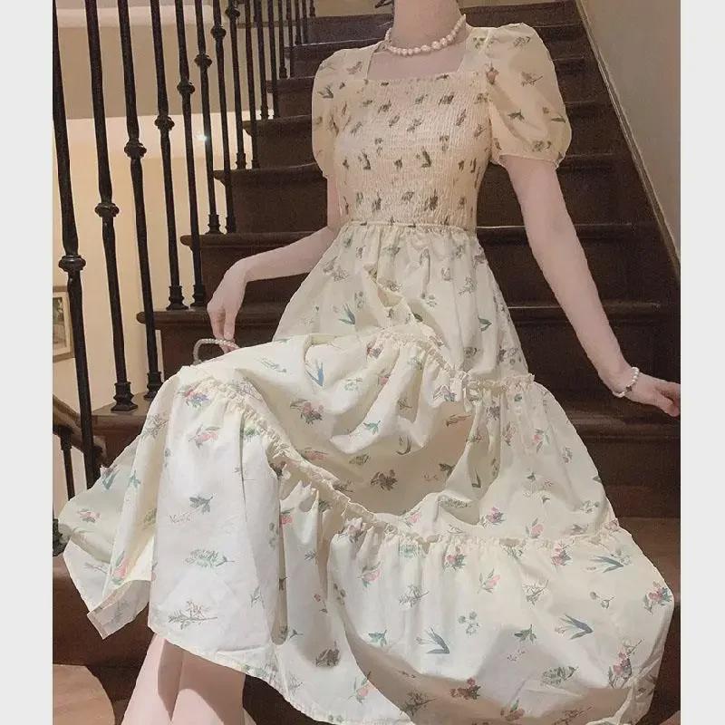 2025 Summer Sweet Floral Pleated Midi Dress - French Gentle Style, Slimming Waist, Mid-Length