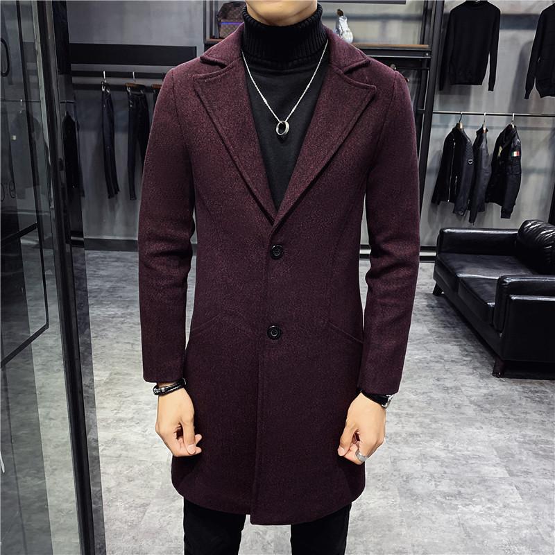 Herbst und Winter Neuer Herren Woll Trenchcoat Slim Einreihiger Wollmantel Mittellanger Mantel