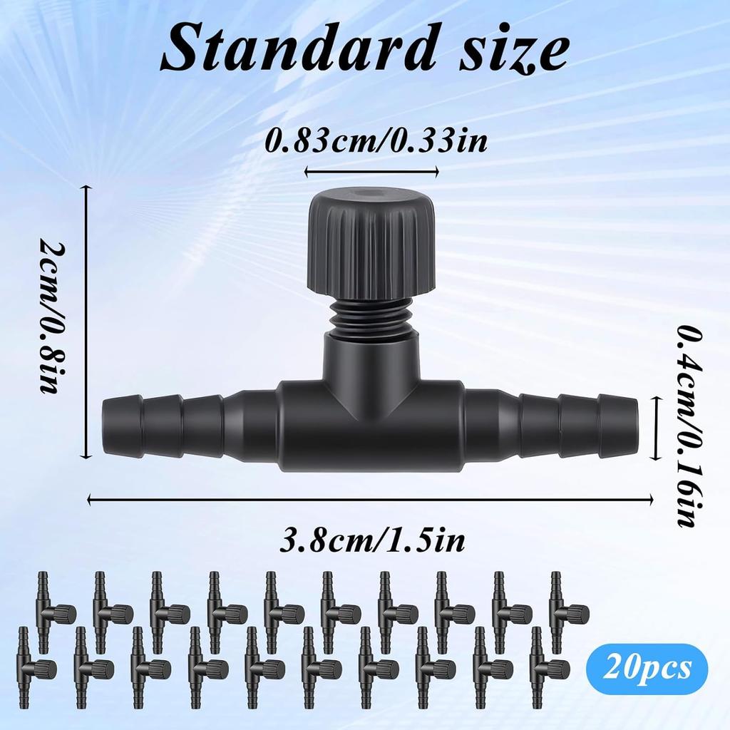 20 Pcs Aquarium Air Control Valves for 3/16" (4mm) ID Airline Tubing, Adjustable Black T Shaped Hose Connectors Single Way Plastic Air Flow
