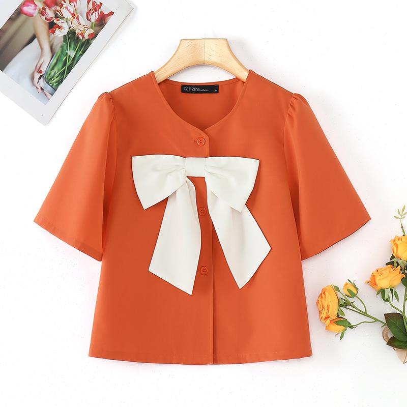 ZANZEA Women Casual Bows Splice V-Neck Summer Short Sleeve Blouse S