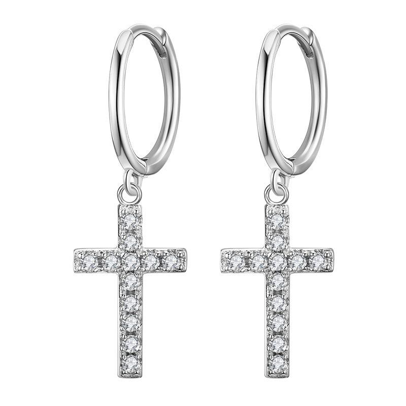 Women 925 Silver Cross Rhinestone Inlaid Hoop Dangle Earrings