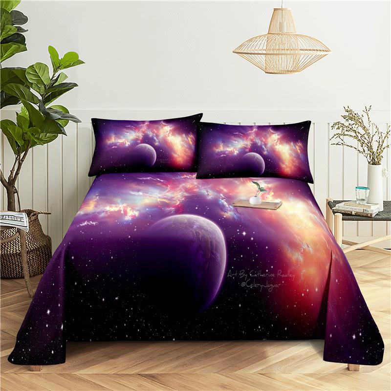 Cosmic Planets Bed Sheet Set Soft Polyester Bed Flat Sheet With Pillowcase Romantic Universe Galaxy Print Bed Sheet Home Textile