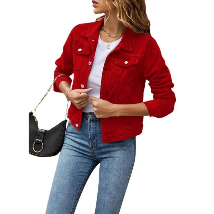 Fashion Women Slim Denim Jacket Casual Slimming Top With Pockets Blouse