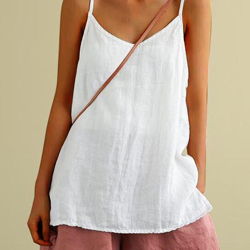 Women's Cotton Linen Camisole Spaghetti Strap Loose Fit Sleeveless Summer Tank Top