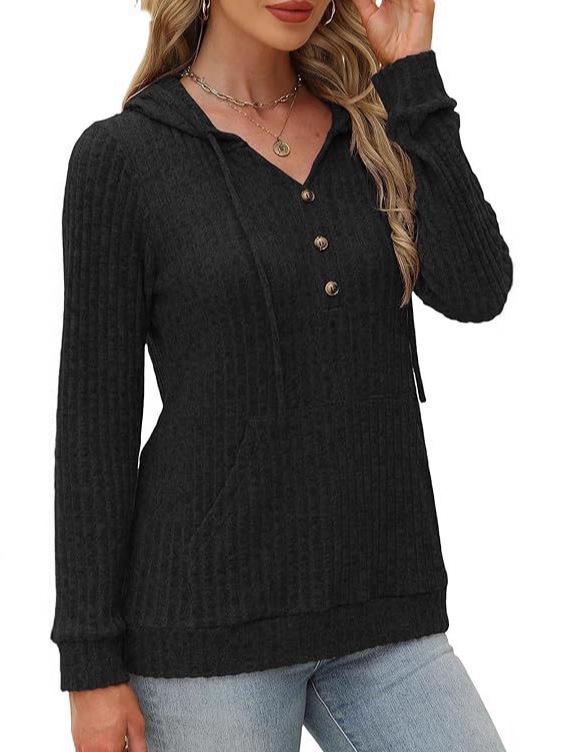 2025 Autumn/Winter Women's Solid Color Ribbed Knit Hoodie Sweater