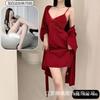 Spring and Summer Sexy Nightdress Lace Temptation V-neck Gathering Ice Silk Suspender Nightdress Backless Chest Pad Suspender Nightdress Set