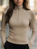 Ribbed Mock Neck Long Sleeve Top with Zipper Detail