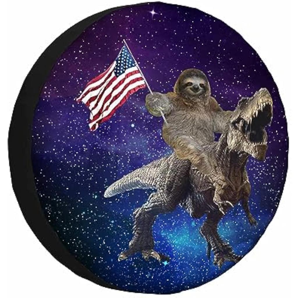 Patriotic Sloth Riding T-Rex in Space Spare Tire Cover Weatherproof Universal Wheel Protector