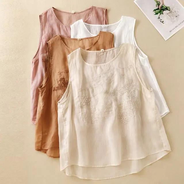 Women's Summer Chinese Vintage Cotton-Linen Embroidered Tank Top Solid Color Comfortable Loose-Fit Round Neck Sleeveless Top
