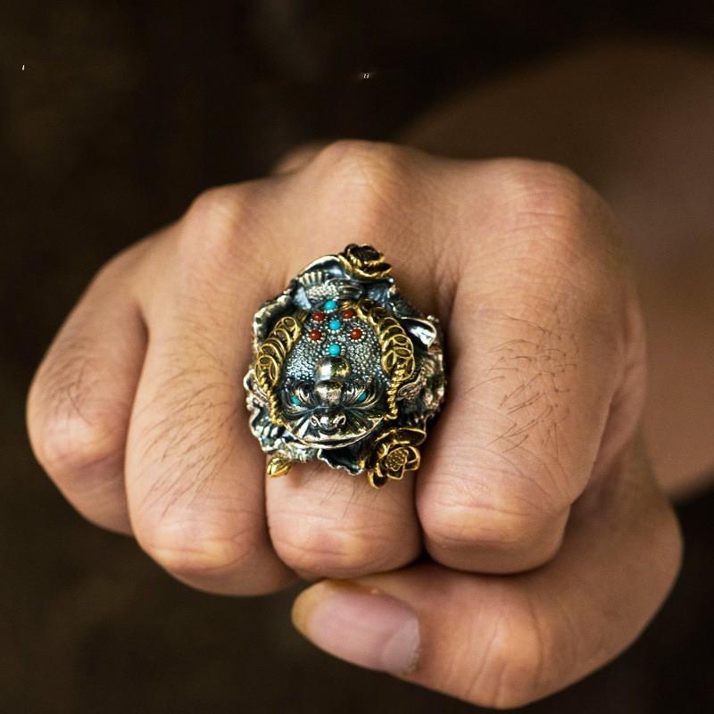 Verstelbare Vintage Gouden Pad Ring Met Handgemaakte Edelsteen Inleg Mannen Vrouwen