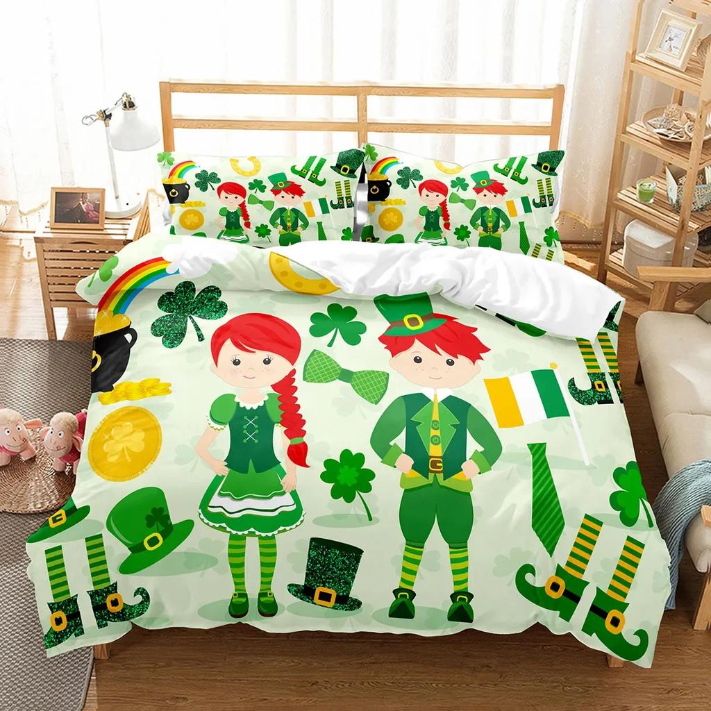 Happy St Patrick's Day Duvet Cover Set Plant Clover Bedding Set Green Lucky Leaf Quilt Cover Botanical Leaves Bedspread Cover