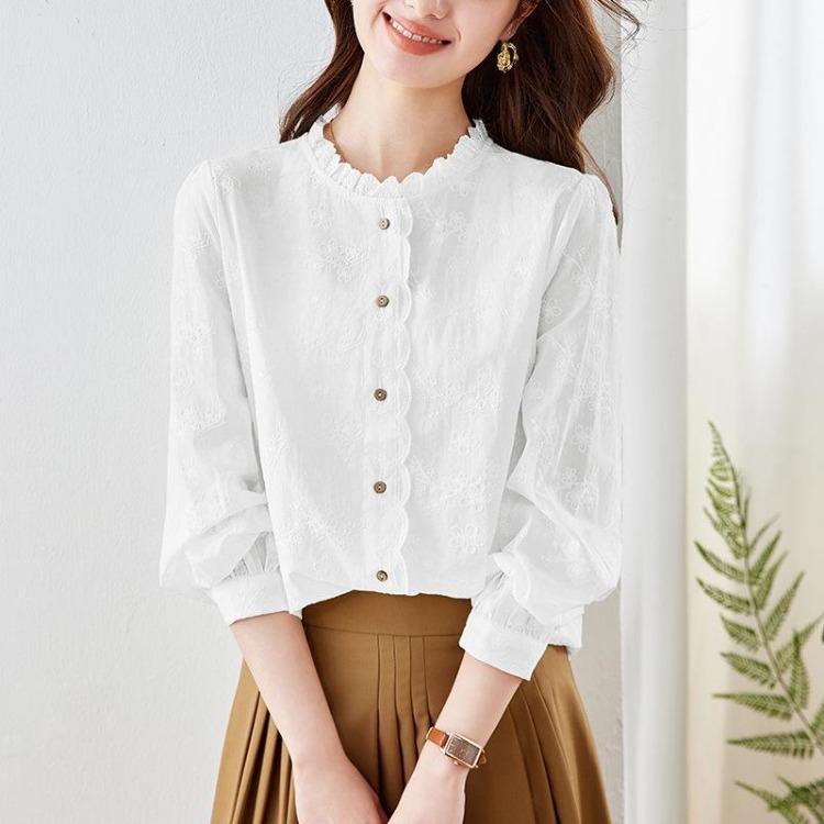 Women s Pure Cotton Apricot Embroidered Shirt Long Sleeve Spring Fungus Collar Top M