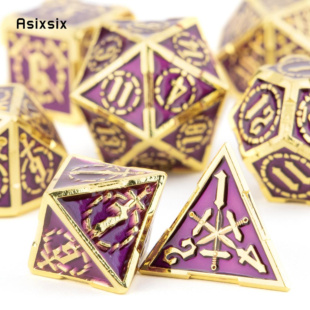 7 Pcs Golden Purple Double Swords Metal Dice Solid Polyhedral Dice Set Suitable for Role-Playing RPG  DND Pathfinder Board Game
