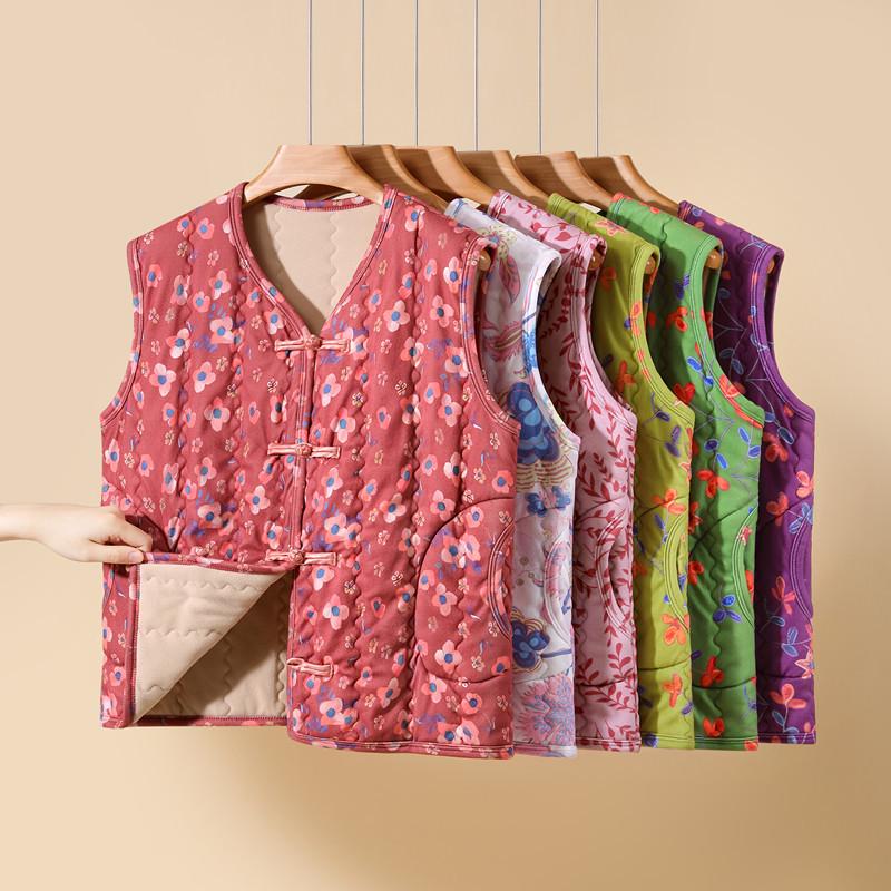 Women's Plus Size Floral Fleece-Lined Cotton Vest - Sleeveless, Thick, Warm Jacket for Middle-Aged and Elderly