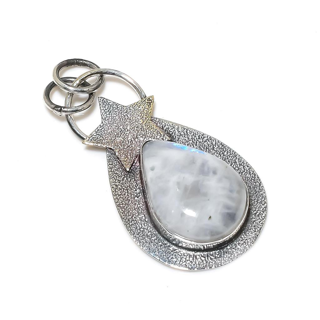Natural Rainbow Moonstone Gemstone Silver Pendant In 925 Sterling Silver- Handmade Star Design, Everyday Wear Jewelry, Unique Pendant Anniversary Gift