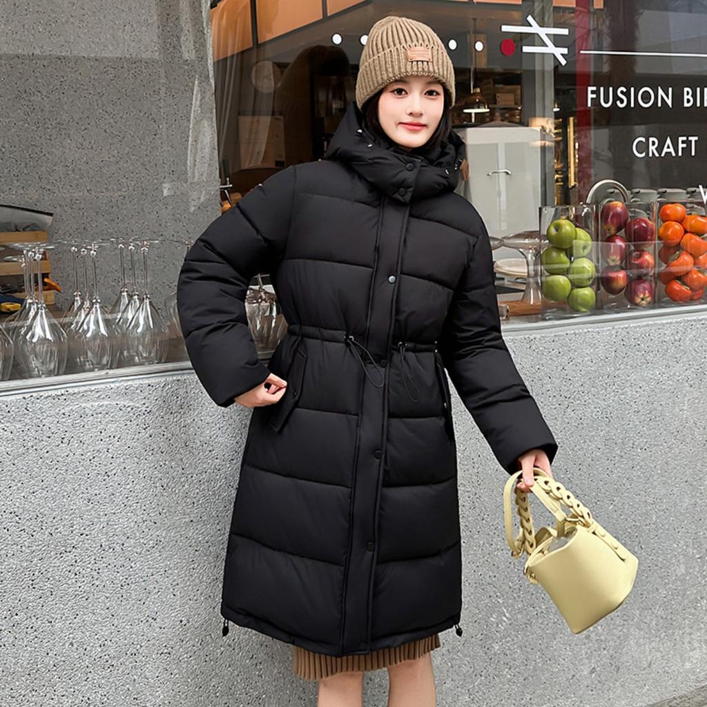 Winter New Women's Long Hooded Puffer Coat, Korean Style Simple Warm Fashion Thick Cotton Parka Outerwear