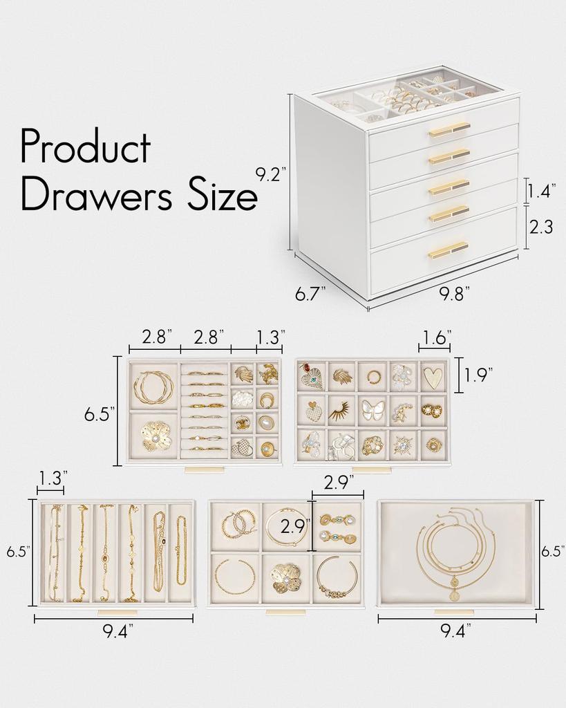 Vlando Glass Lid 5-Drawer Jewelry Box for Women, Organizer for Necklaces, Rings, Earrings, Bracelets, and Accessories (White)