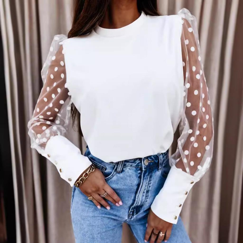 Spring Summer Women's Solid Color Mesh Spliced Long Sleeve T-Shirt, European & American Style Casual Top for Women