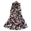 Romantic French Chiffon Print Ruffled Dress with Cinched Waist and Pleated Wide Hem