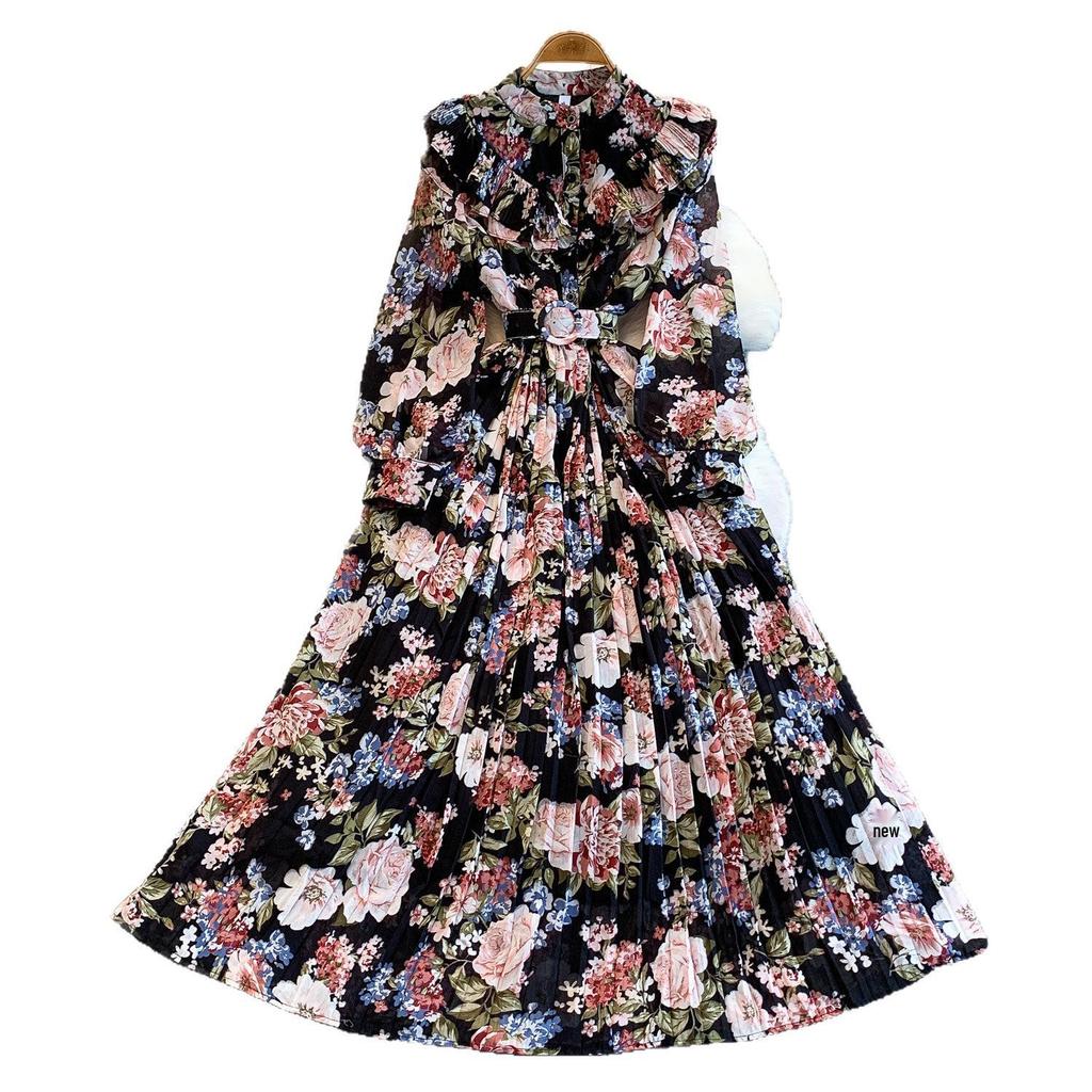 Romantic French Chiffon Print Ruffled Dress with Cinched Waist and Pleated Wide Hem