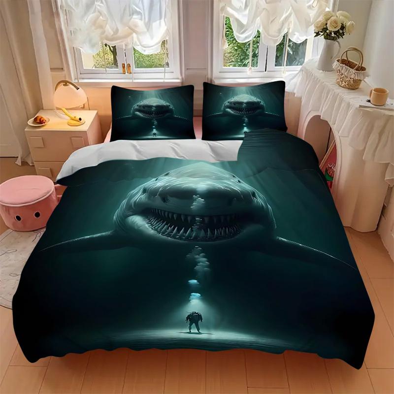 3pcs Giant Shark Duvet Cover Set with One Quilt Cover and Two Pillowcases (No Core) - Anime Cartoon Design, Perfect for Bedroom and Guest Room Decorat