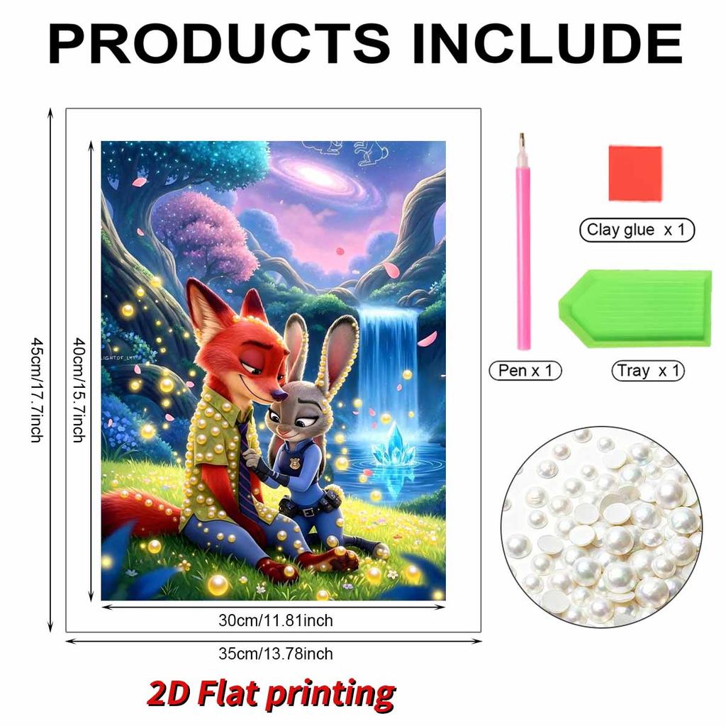 Disney Zoo Tycoon Starry Waterfall Decor with Judy and Nick the Fox Pearl Accents 5D Pearl Puzzle Embroidery Home Decor Handmade Gift