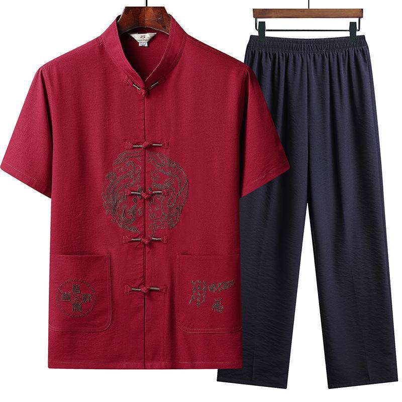 Men's Summer Ice Silk Tang Suit: Thin Retro Hanfu Set with Frog Button Embroidery for Middle-Aged and Elderly.