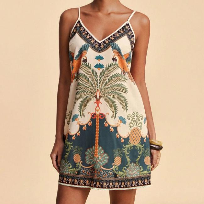 2026 Summer Fashion Casual Spaghetti Strap Printed V-Neck Slim Fit Dress for Women