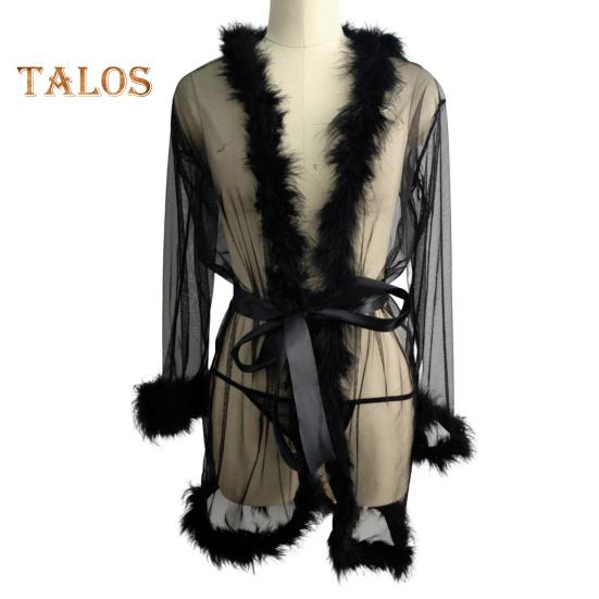 Lady Nightgown Plush Trim Ultra Thin See-through Mesh Ruffle with Adjustable Waist Tie Solid Color Pleated Slutty Pajama Party Wear Sleepwear