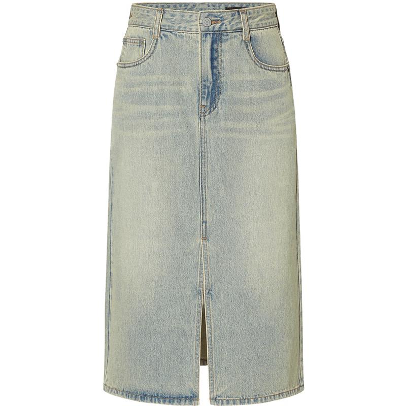 MO&Co. 2024 Summer Distressed Straight Slit Denim Midi Skirt L 170