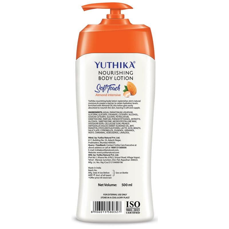 Yuthika Naturals Almond Soft Touch Body Lotion 500ml Pack of 1 for Dry Skin Hydration & Nourishment