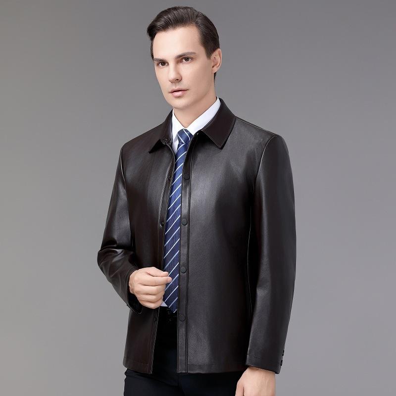 Pánská kožená bunda z pravé kůže plus sametová zateplená se stojáčkem zimní ochrana pro střední věk motorkářská kožená bunda high-end bunda