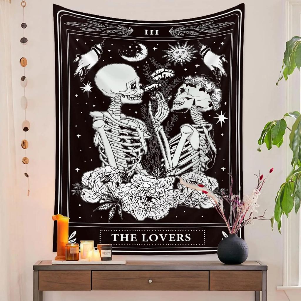 1pc The Lovers Tarot Skeleton Tapestry Floral Moon Sun Pattern Flat Print Hanging Cloth Gothic Romantic Home Decor Bedroom