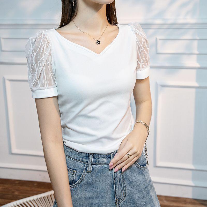 Korean Simplicity Fashion Summer Puff Sleep T-Shirts Women Solid V-neck Patchwork Gauze Temperature Loose Short Sleeve Thin Tops