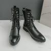Retro Designer High Tops Men Lace-up Cowboy Boots Luxury Pointed Toe Biker Boots Man Leather Motorcycle Shoes