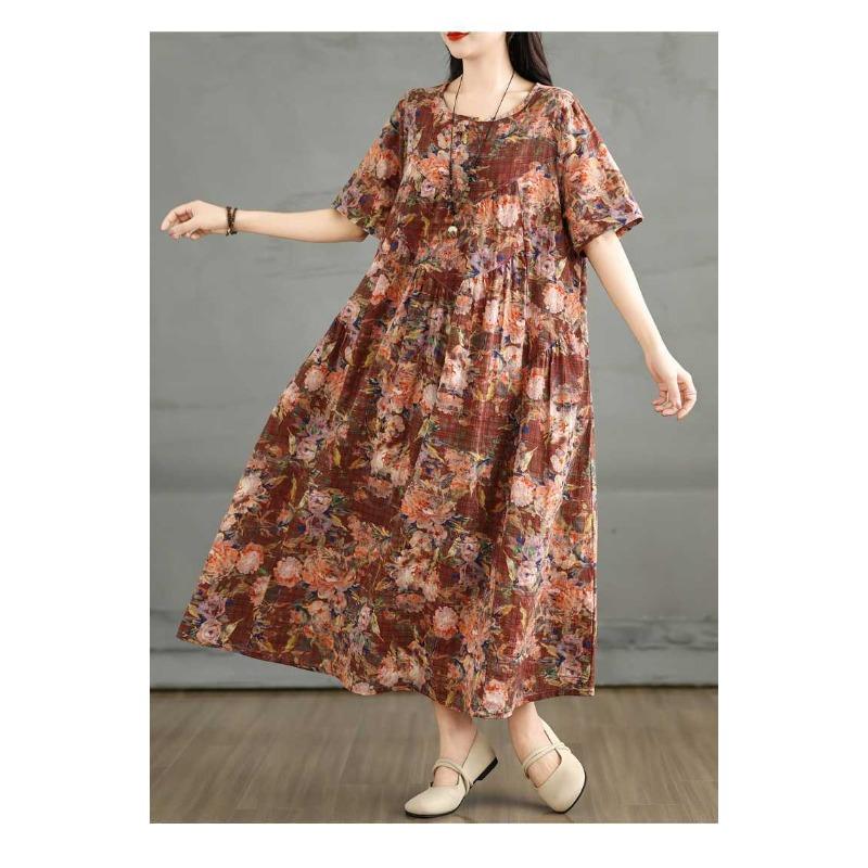Summer Retro Cotton and Linen Round Neck Short Sleeved Dress, Women's Loose Skirt