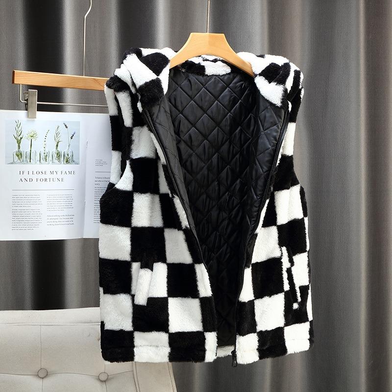 Chessboard plush vest trendy men's winter couple's cotton thickened sleeveless hooded jacket vest student vest